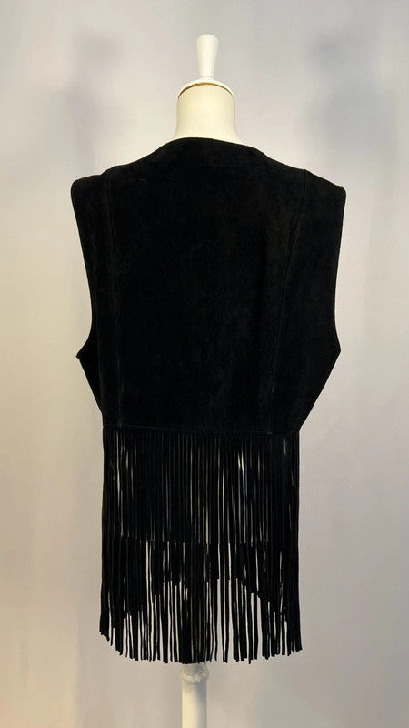 Veste cuir/daim sans manches à franges noire