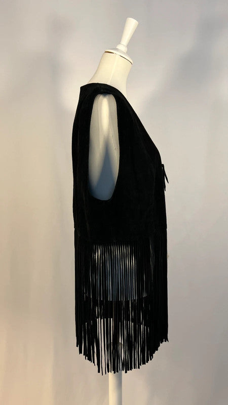 Veste cuir/daim sans manches à franges noire