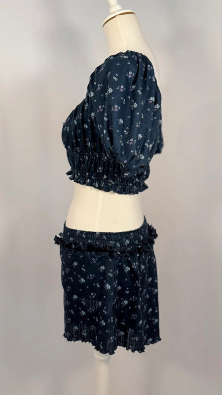 Ensemble crop top + short Lola Pointelle bleu fleuri