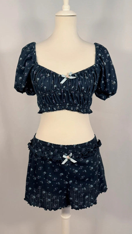 Ensemble crop top + short Lola Pointelle bleu fleuri