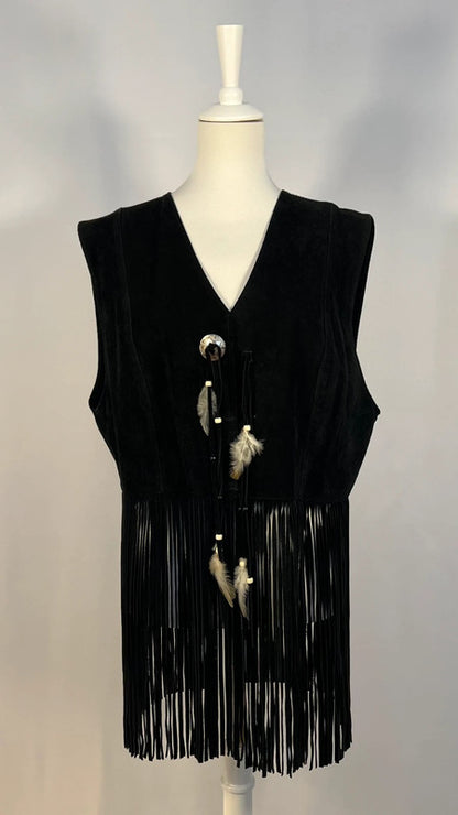 Veste cuir/daim sans manches à franges noire