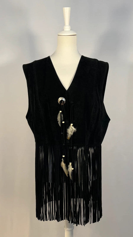 Veste cuir/daim sans manches à franges noire