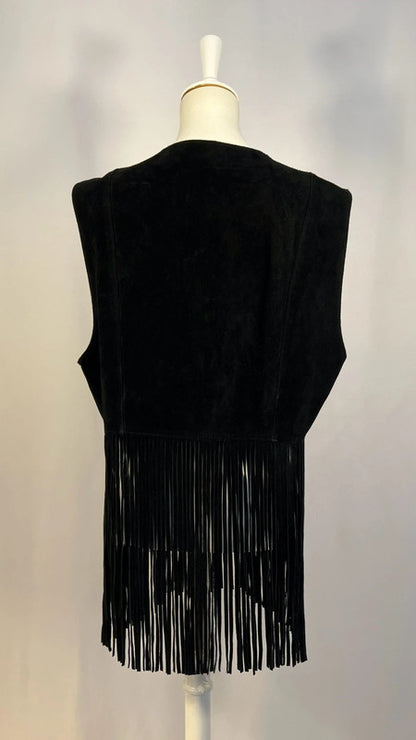 Veste cuir/daim sans manches à franges noire