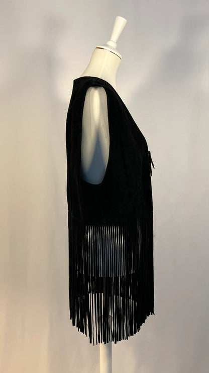 Veste cuir/daim sans manches à franges noire