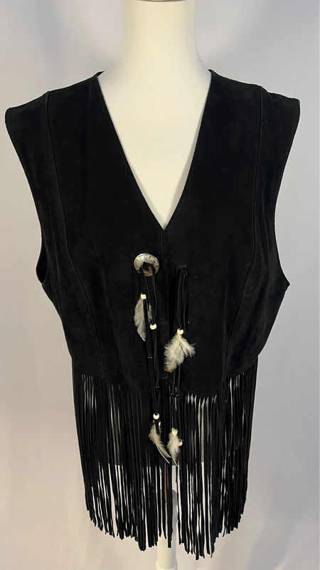 Veste cuir/daim sans manches à franges noire