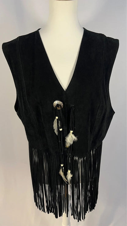 Veste cuir/daim sans manches à franges noire