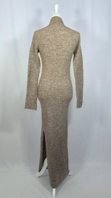 Robe fendue maille côtelée marron