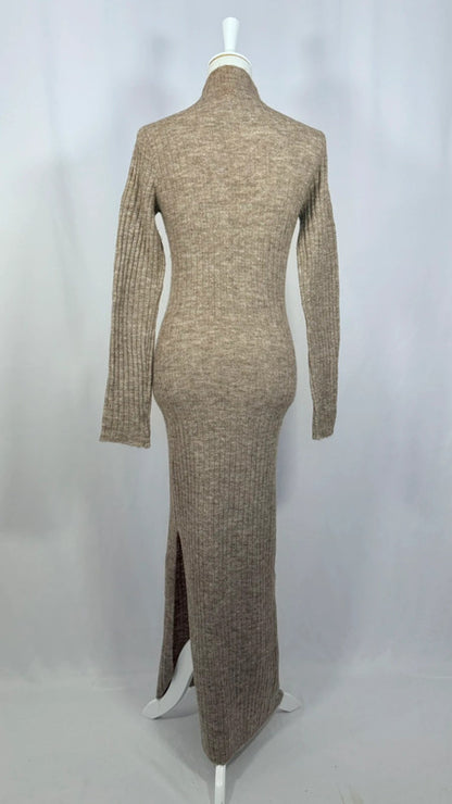 Robe fendue maille côtelée marron