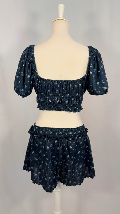 Ensemble crop top + short Lola Pointelle bleu fleuri