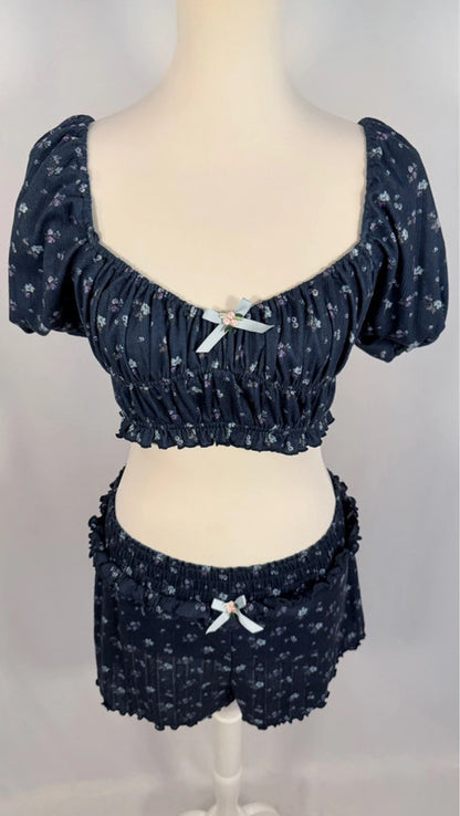Ensemble crop top + short Lola Pointelle bleu fleuri