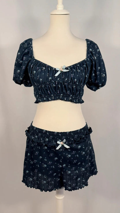 Ensemble crop top + short Lola Pointelle bleu fleuri