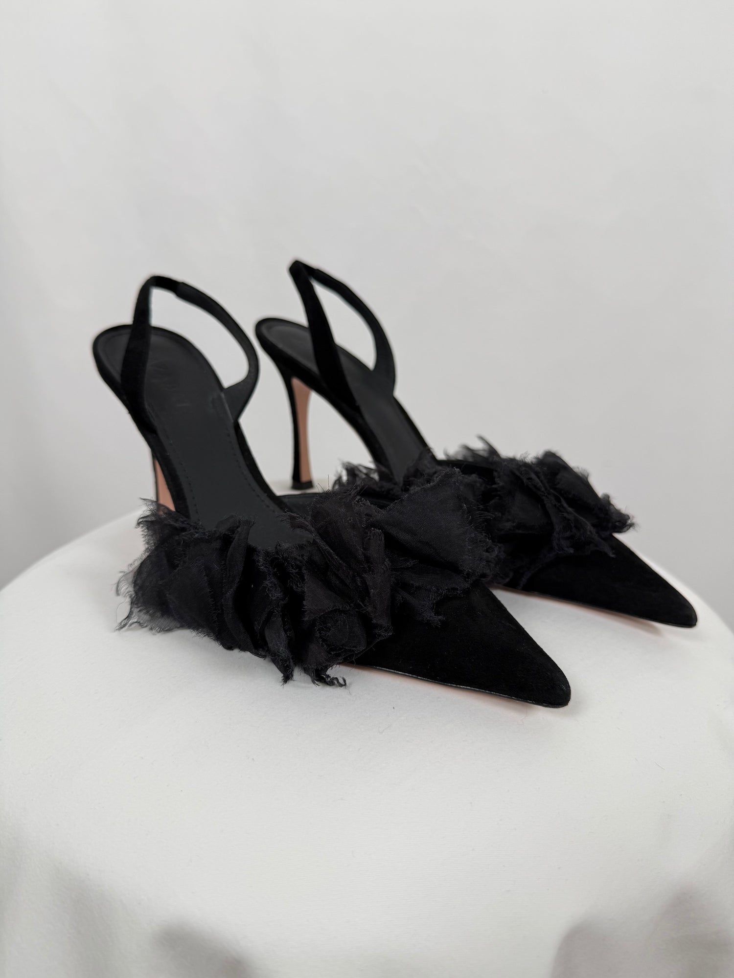 Black ruffled pumps