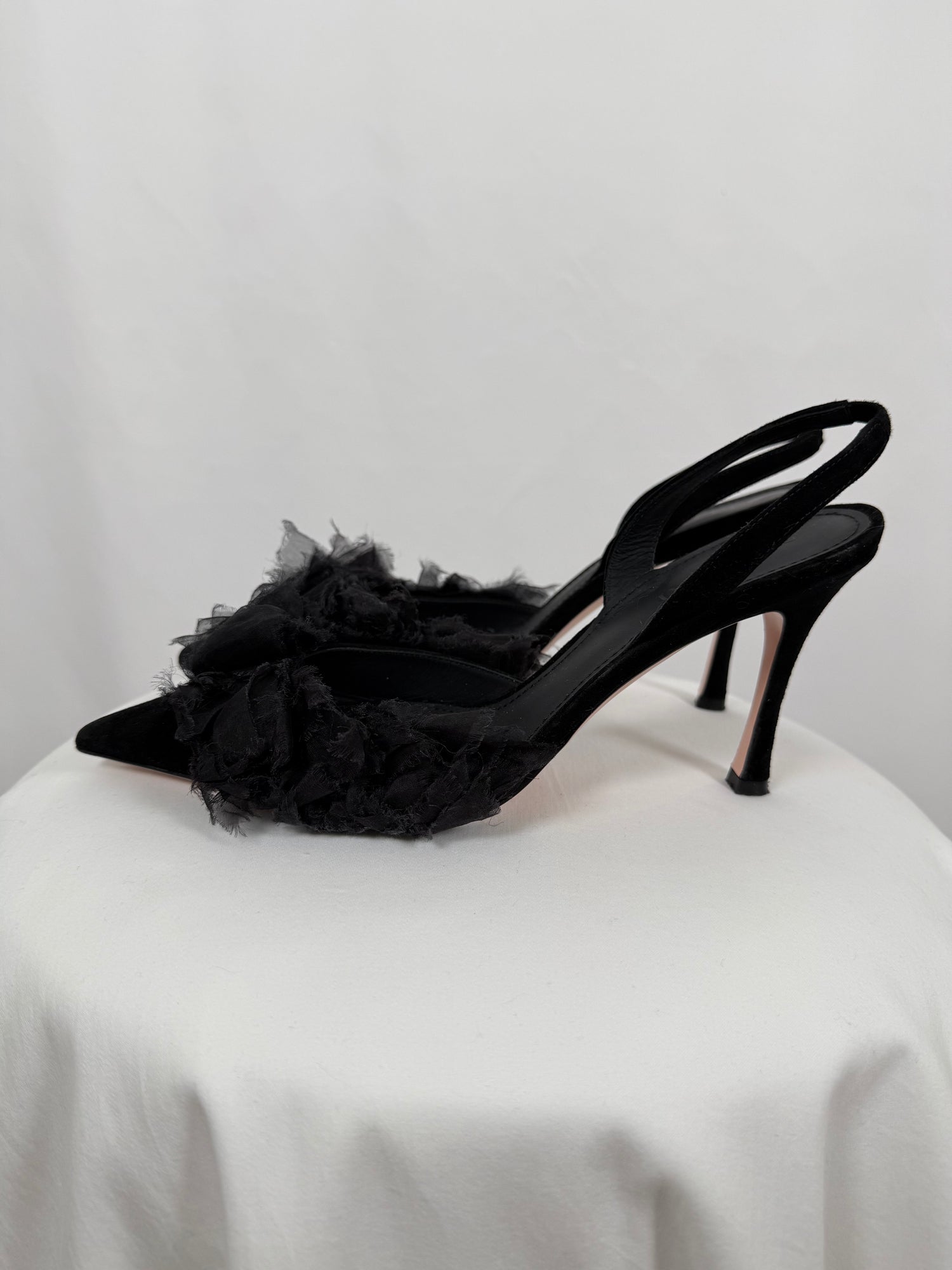 Black ruffled pumps