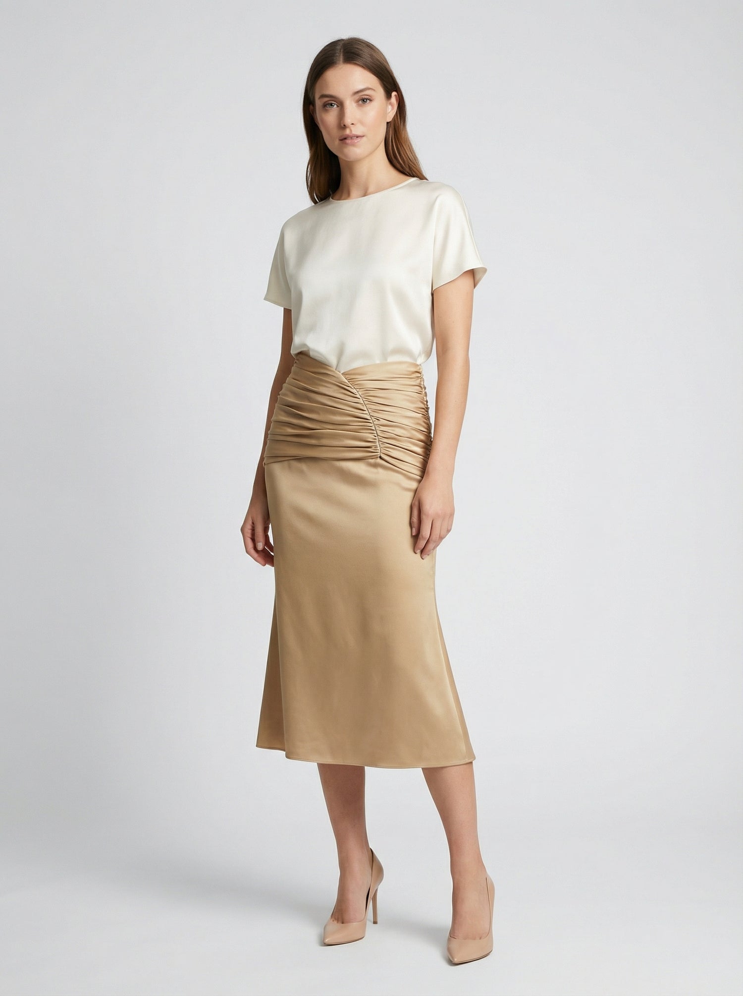 Jupe midi matelassée en poly-satin doré