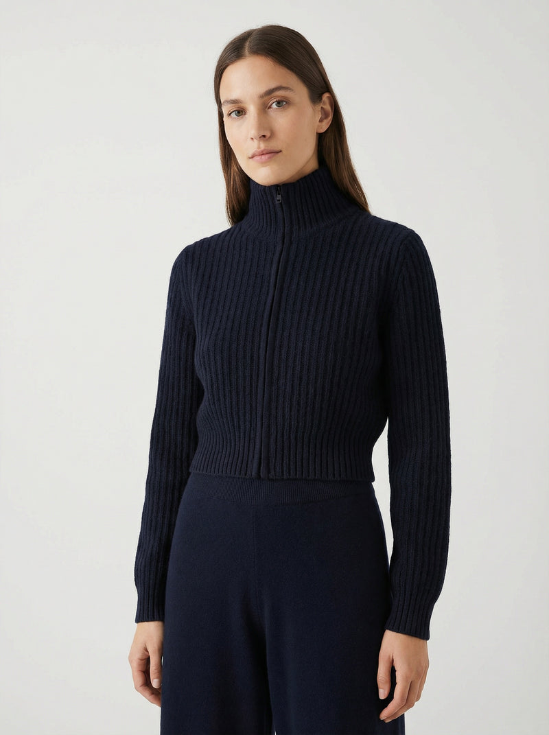 Cardigan court à col zippé bleu marine