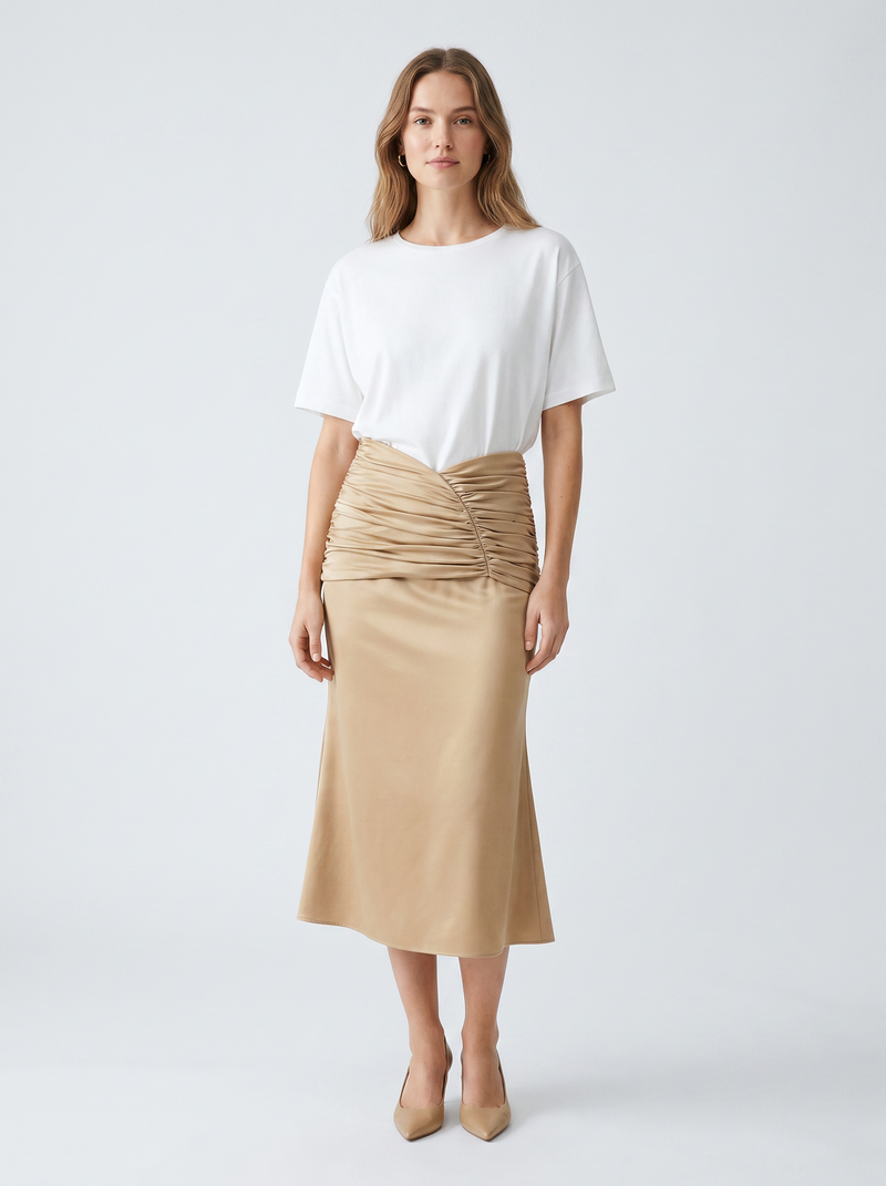 Jupe midi matelassée en poly-satin doré
